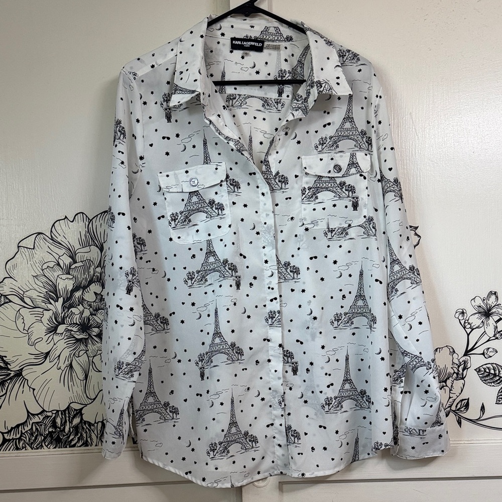 Karl Lagerfeld - Size XL - Black & White Eiffel Tower Button-Down Shirt